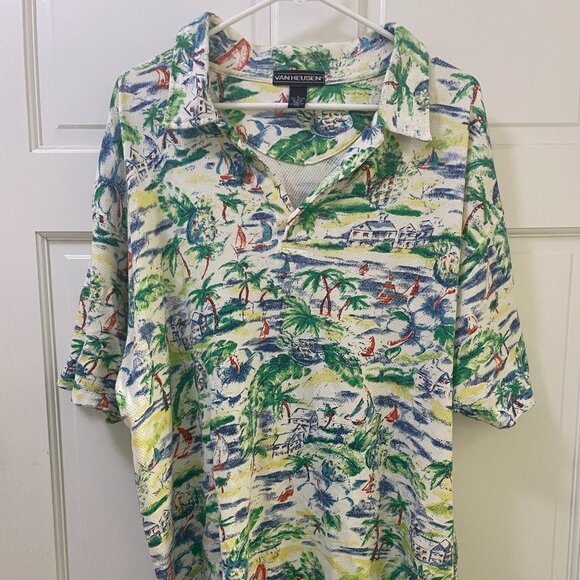 Van Heusen XL Men's Polo Short Sleeve Shirt Tropical/Sail Boats - Picture 1 of 5